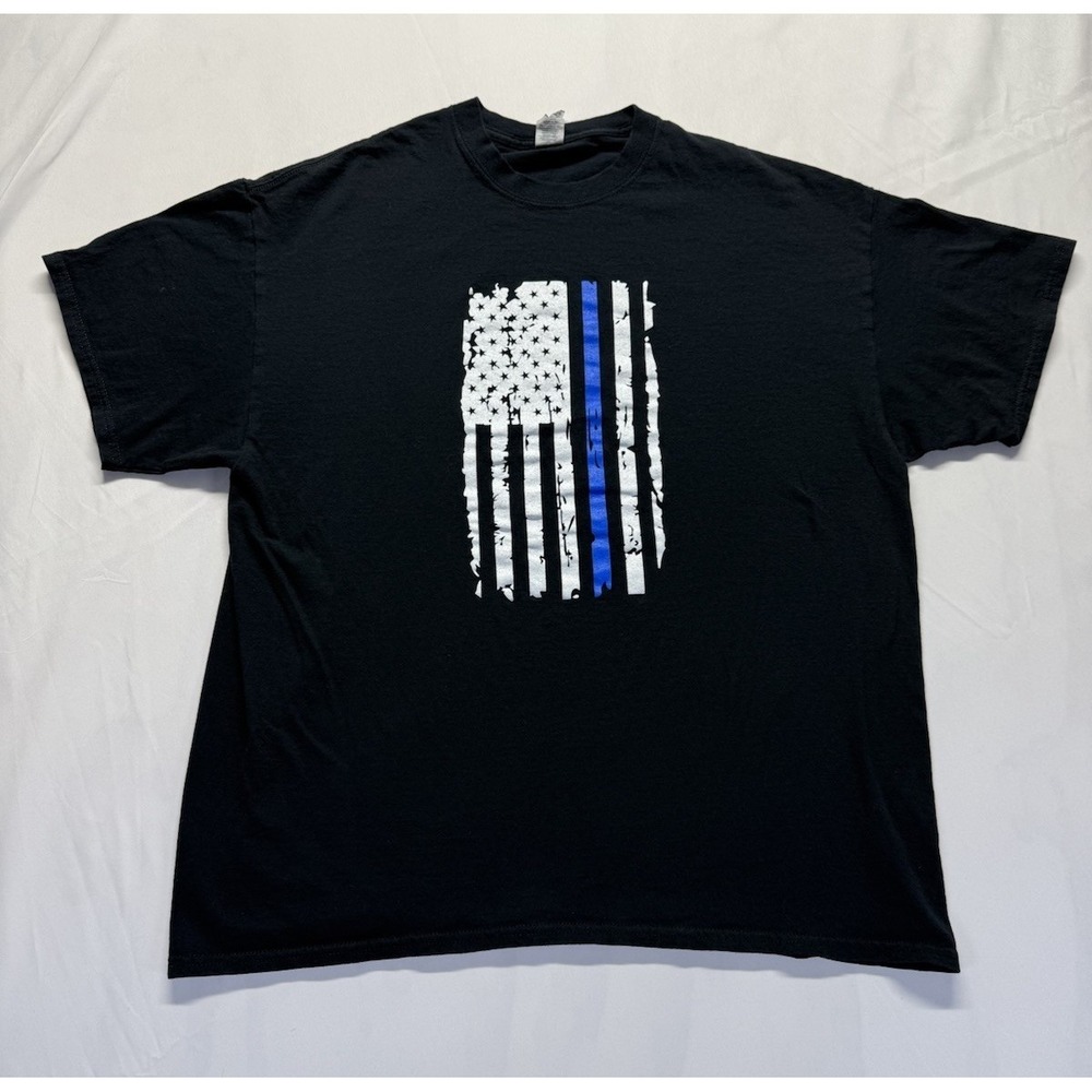 Patriotic Blue Line American Flag t-Shirt Mens XL Black‎ USA Graphic tee Gildan